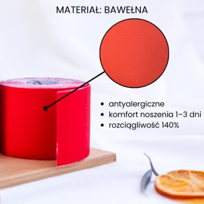 Struktura materiału bawełnianego tejpów 5e SPEED w kolorze czerwonym i komfort noszenia 1-3 dni.